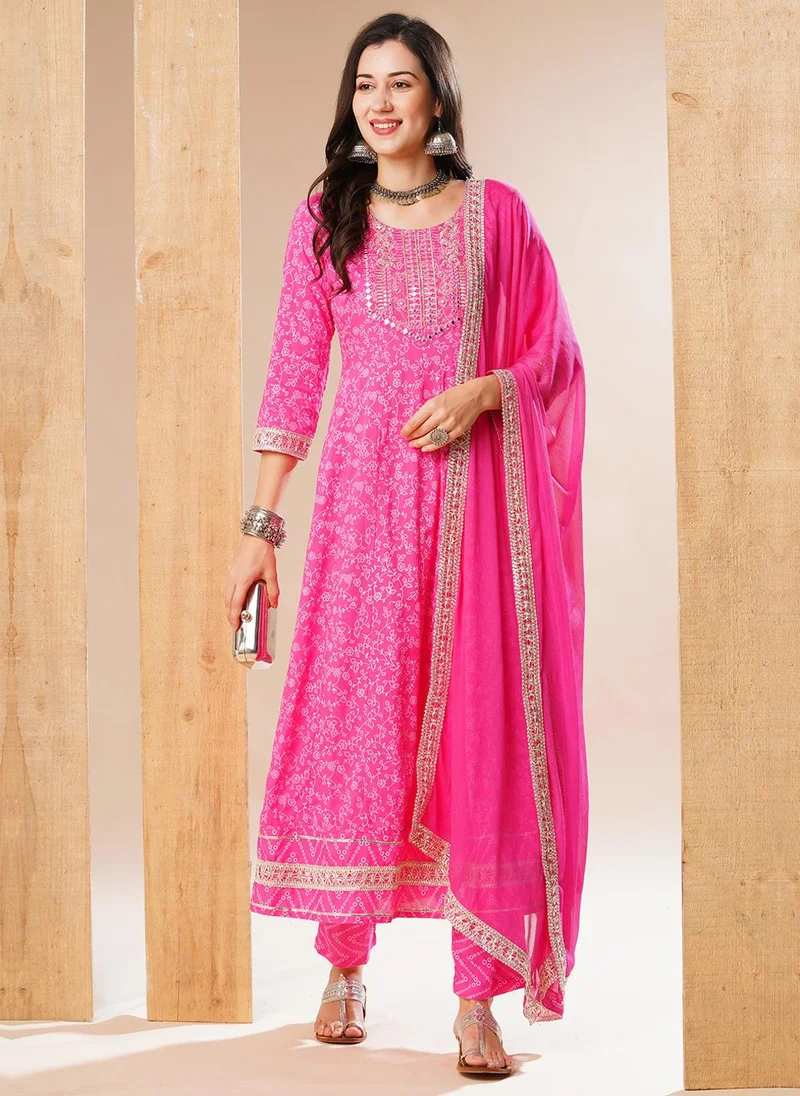 globus Globus Women Pink Floral Printed Regular Thread Work Kurta With Trousers & Dupatta